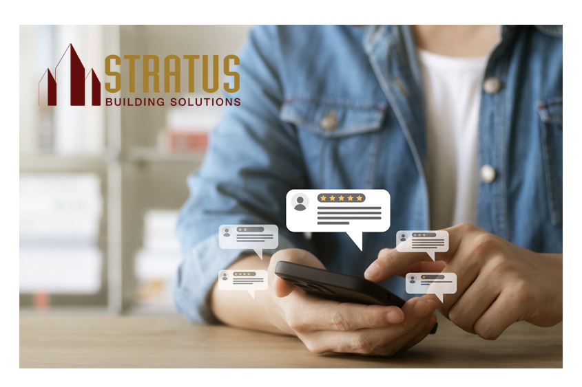 Conceptual Image of a Man’s Torso and His Hands Holding a Smart Phone and Typing While Review Bubbles Hover Over the Phone 