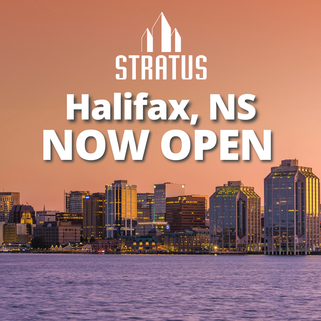 City of Halifax at sunset with Stratus logo and white text