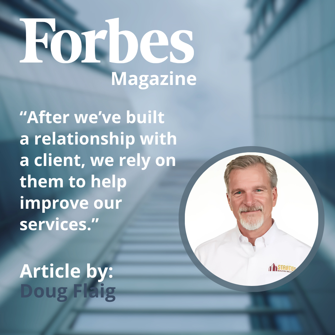 A background image of some buildings with the sky behind them. There's a headshot of CEO Doug Flaig and the text says: "After we’ve built a relationship with a client, we rely on them to help improve our services".